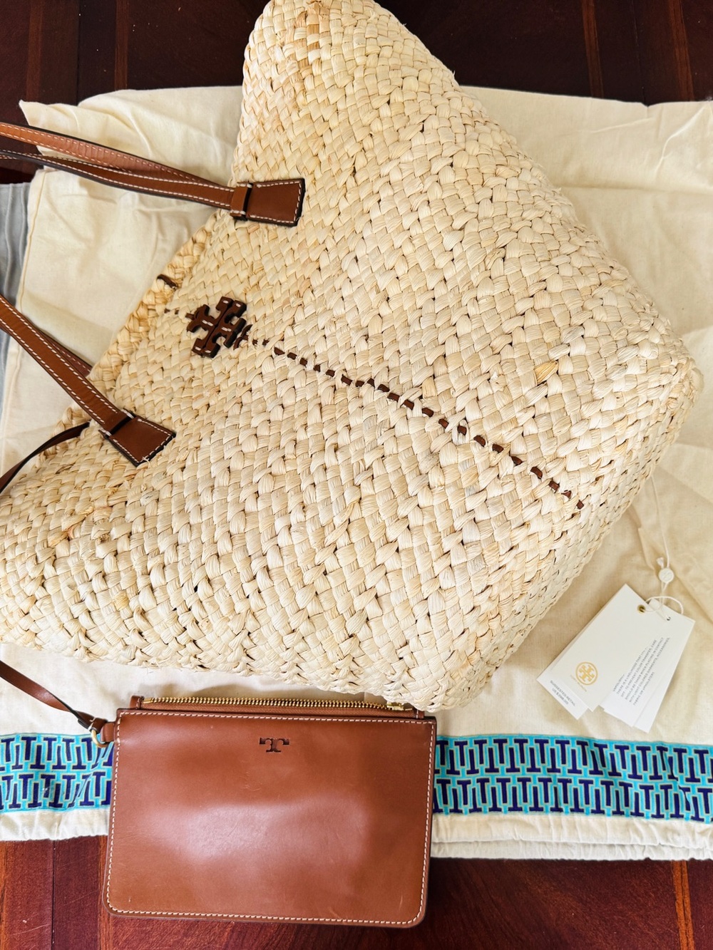 Tory Burch McGraw Straw Shopper Tote Natural Woven Raffia Leather Pouch Dustbag
